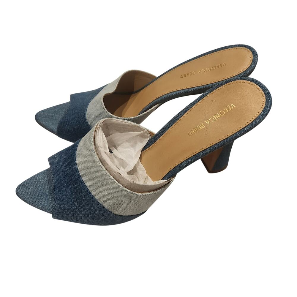 Veronica Beard Two-Tone Denim Blue Open-Toe Mules - Picture 5 of 6